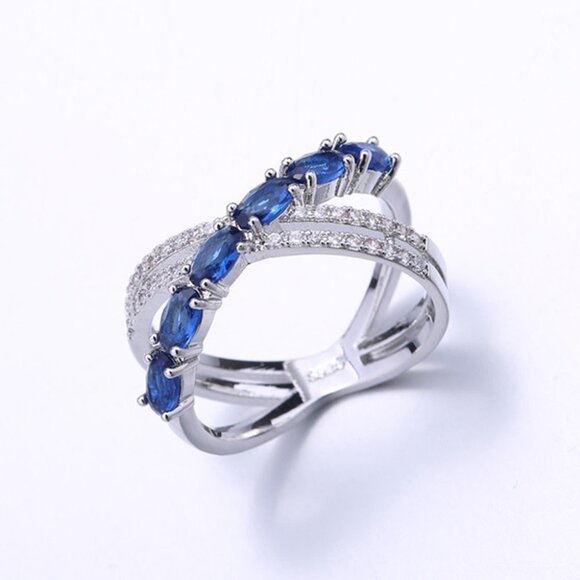 🎀 Oval Royal Blue Anillos Unique Three Lines Silver Ring for Women, VIP272 - Picture 1 of 7